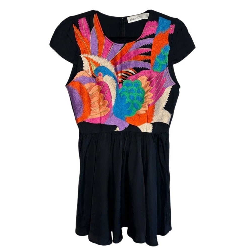 Alice McCall Black Embroidered Phoenix Bird Mini Dress Multi Color‎ Rayon Size 6